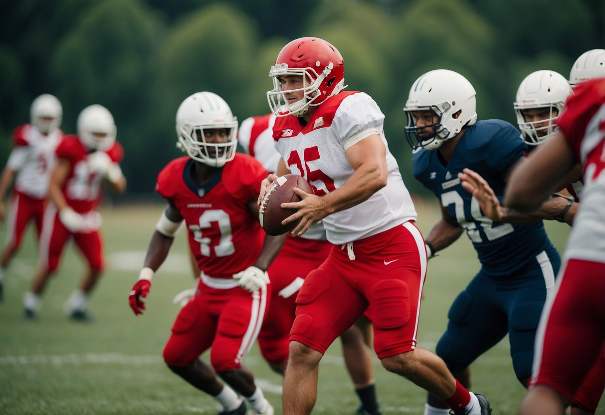A group of players in red and white jerseys train on a lush green field, while coaches observe from the sidelines