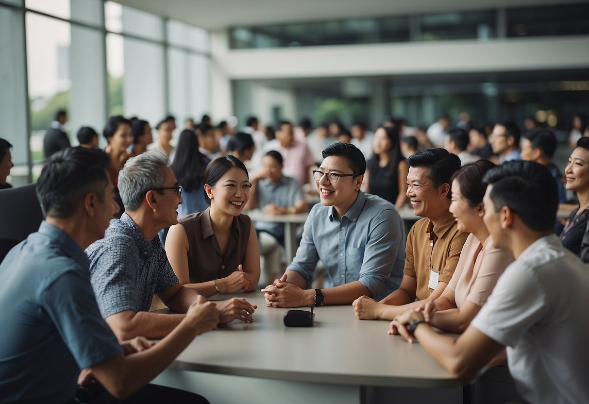 A group of people gathered around a sign that reads "Frequently Asked Questions" at a Singapore football club