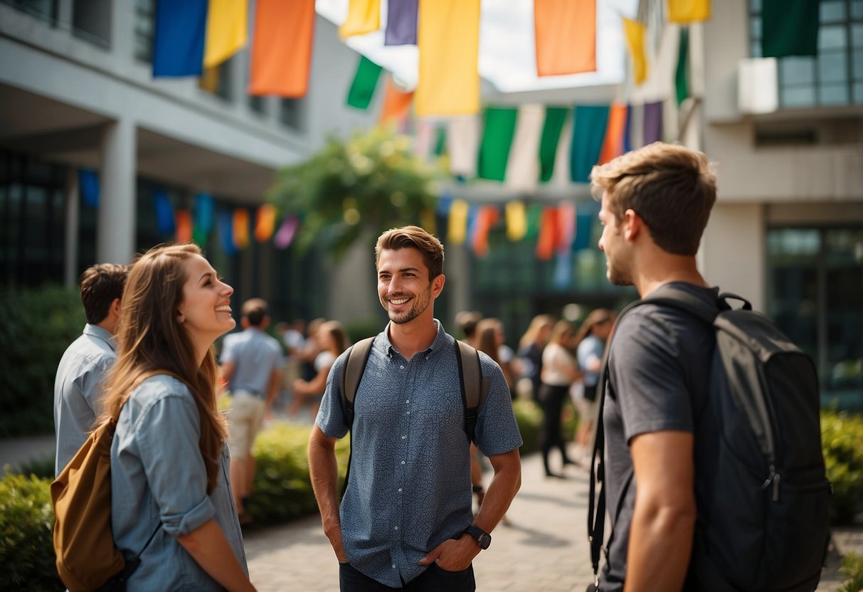 Students gather in the courtyard, chatting and laughing. The school building stands tall in the background, surrounded by lush greenery and colorful flags