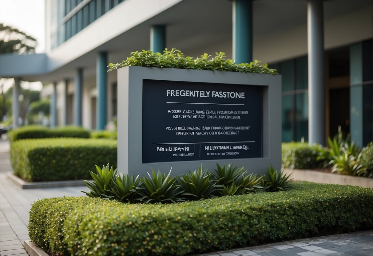 A signboard with "Frequently Asked Questions" displayed prominently at the entrance of a modern Singapore international school