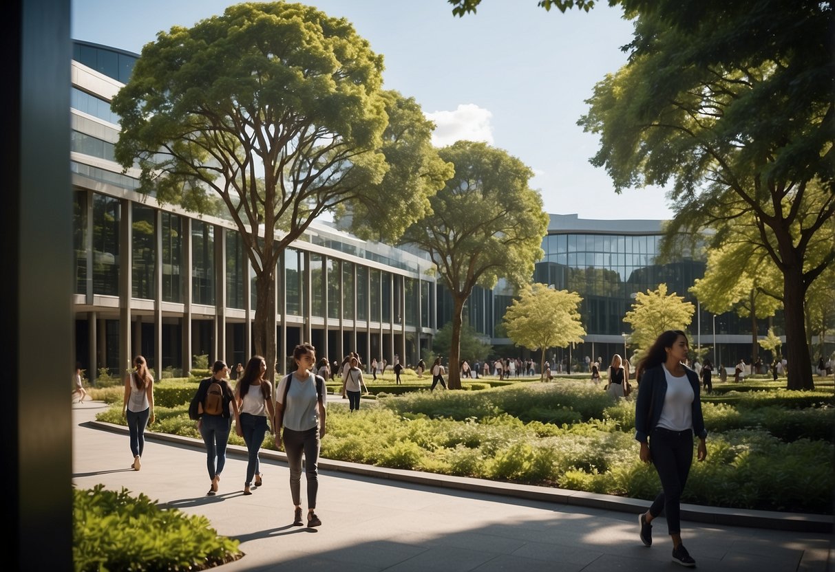 A bustling campus with modern architecture and lush greenery, students walking between buildings, and the iconic university logo displayed prominently