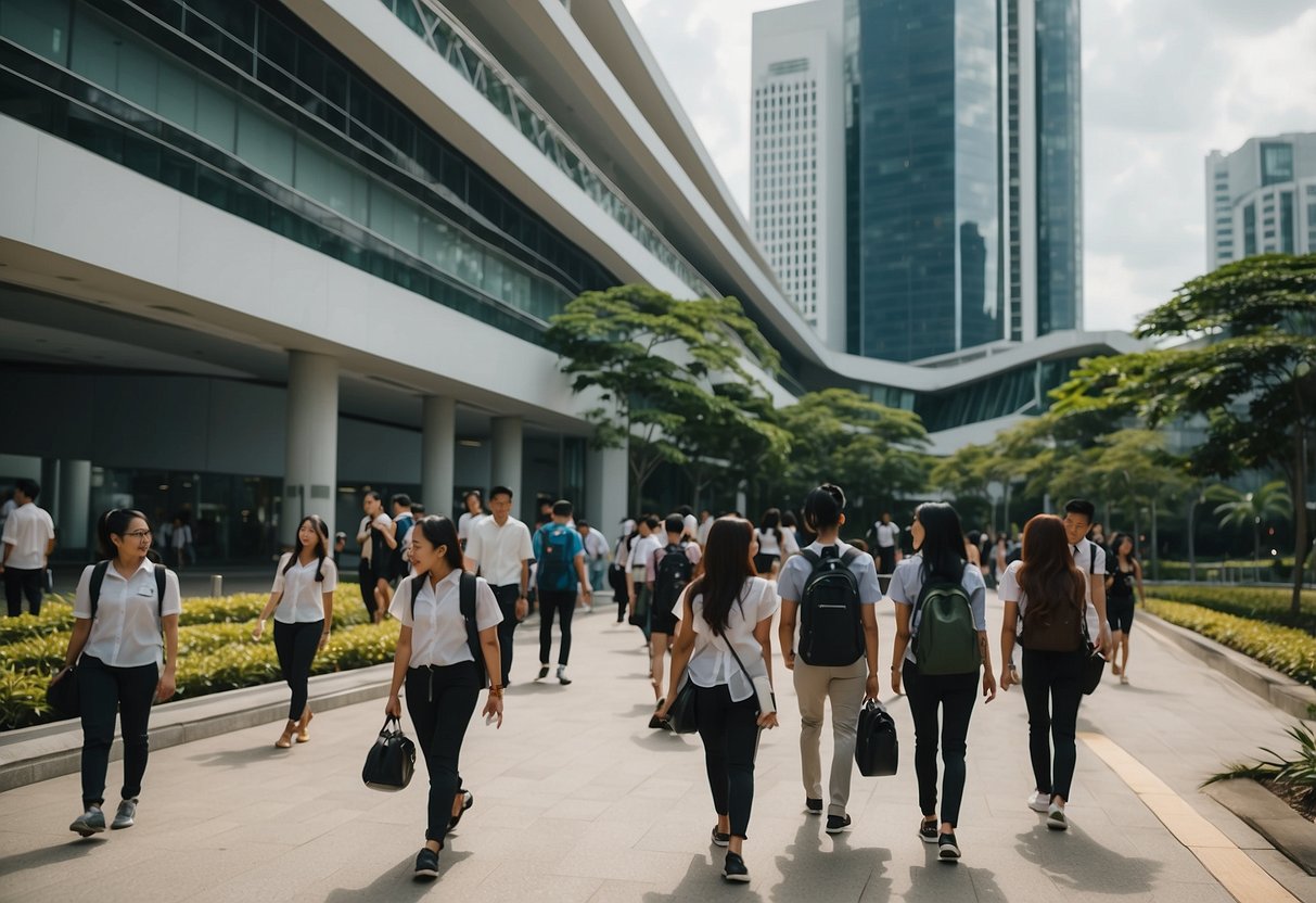 A bustling academic campus in Singapore, with modern buildings, green spaces, and students walking between classes