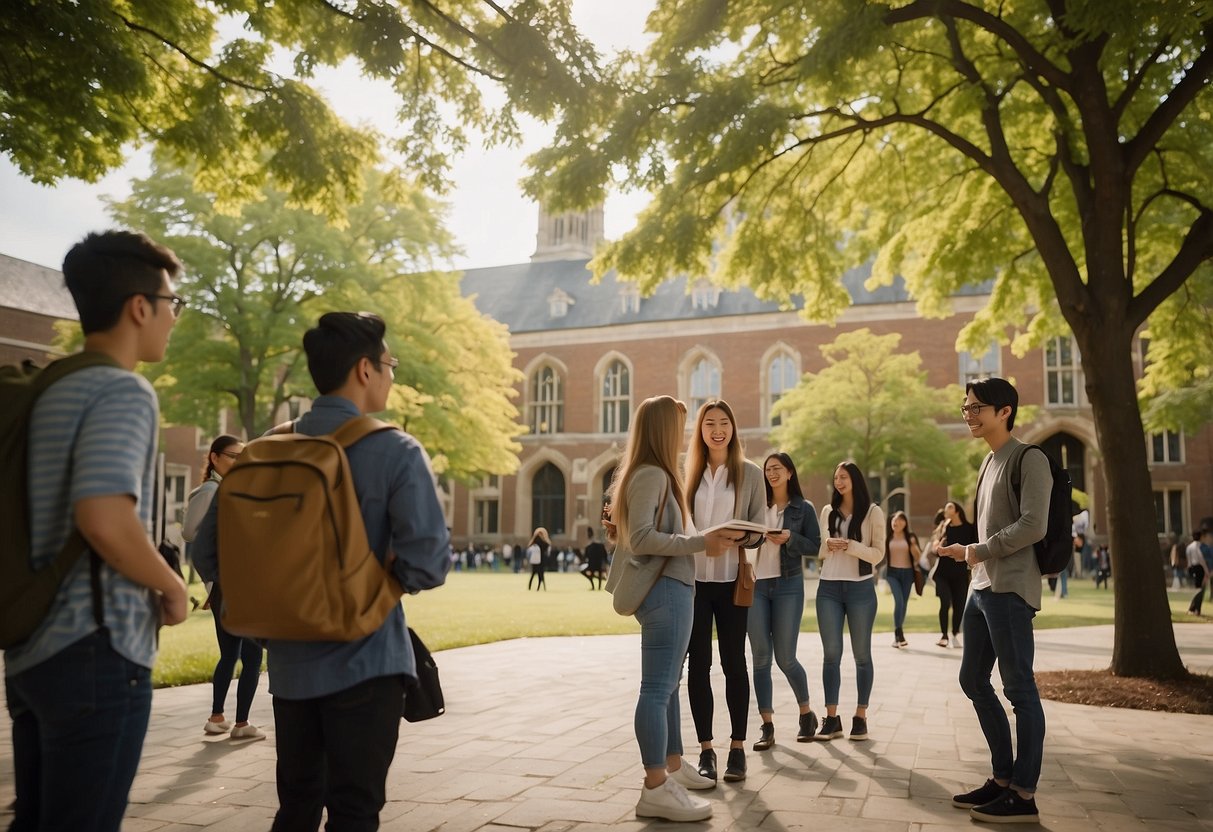 Students gather in the university courtyard, chatting and studying. Alumni walk through the campus, reminiscing about their time at the university. The iconic university building stands tall in the background