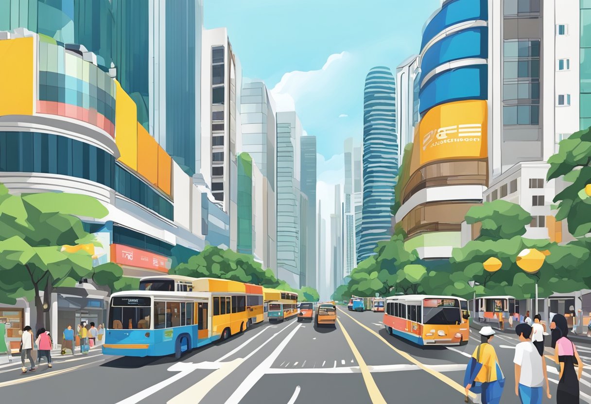 A bustling street with tall buildings and vibrant storefronts on Orchard Road, Singapore