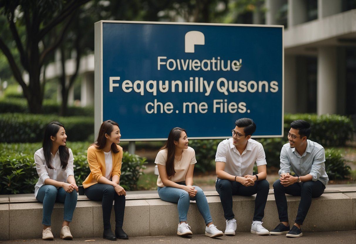 A group of students gather around a sign that reads "Frequently Asked Questions" at a Singapore university. They appear to be engaged in conversation and pointing at the sign