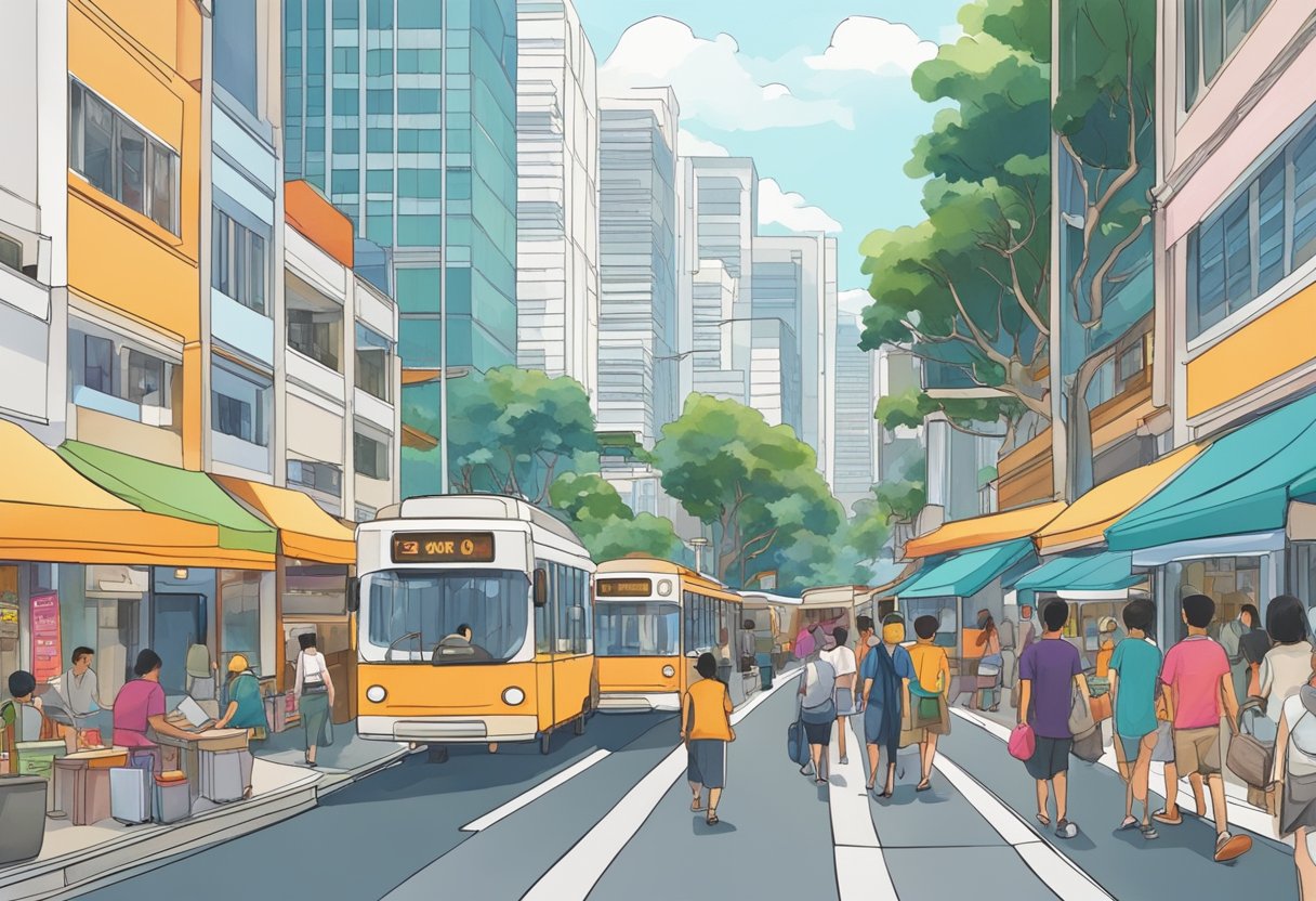 A bustling street in Singapore, lined with shops and restaurants. Pedestrians walk along the wide sidewalks, and cars and buses navigate the busy road