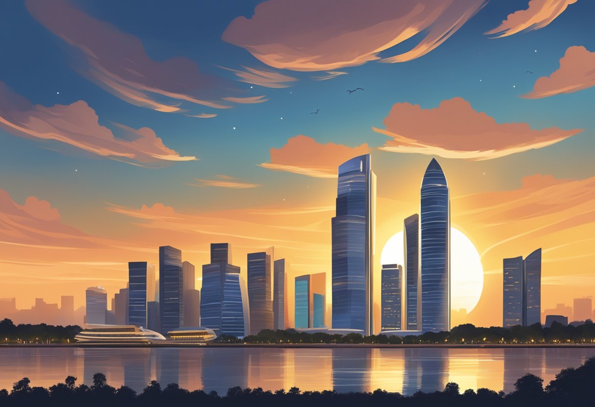 The sun setting over the Singapore skyline as the call to prayer for Maghrib echoes across the city