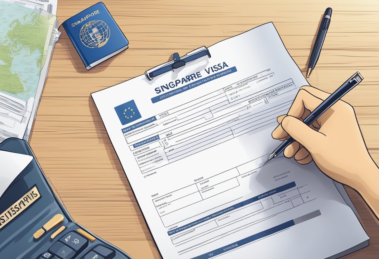 A person fills out a Singapore tourist visa application form at a desk with a pen and passport in hand