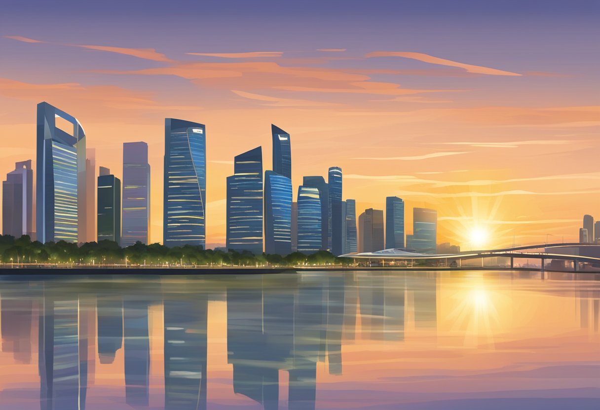 The sun sets over the Singapore skyline as the call to prayer, Azan, fills the air, marking the time for Maghrib prayer