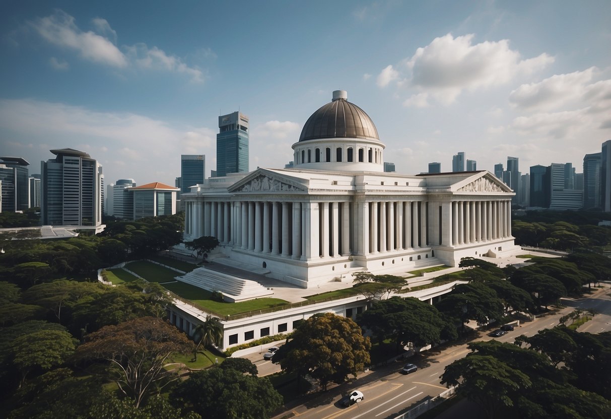 The majestic Supreme Court building in Singapore stands tall amidst the city skyline, with its iconic dome and intricate architectural details