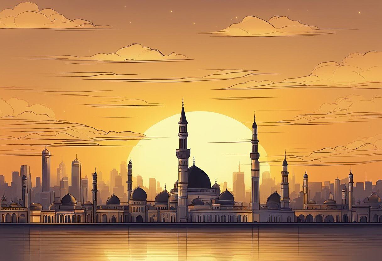 The sun setting over a city skyline, casting a warm golden glow. A mosque's minaret stands tall, ready to call for the Maghrib prayer