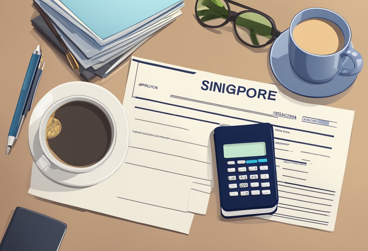 A stack of forms, a calculator, and a passport lay on a desk. A sign reads "Singapore Tourist Visa Application."