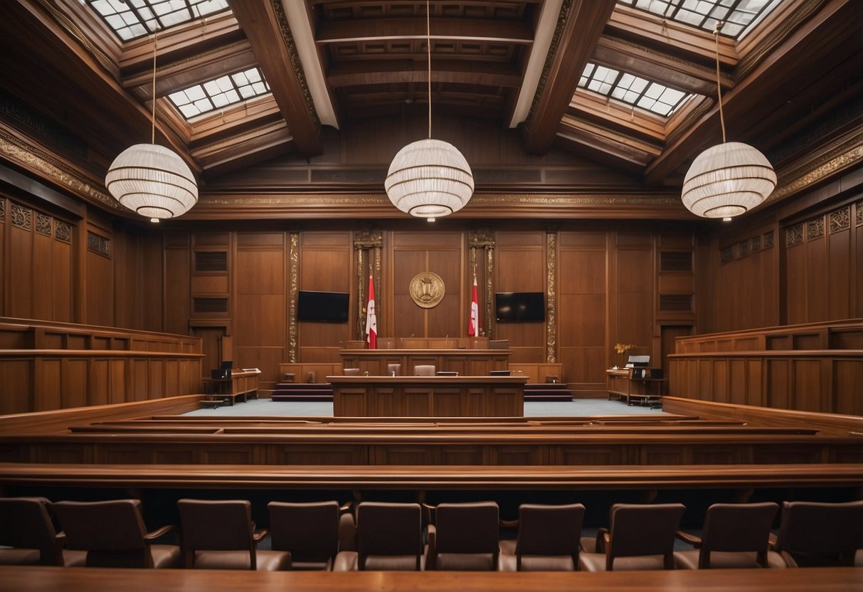 The supreme court in Singapore is filled with lawyers and judges engaged in legal proceedings and practices. The grand courtroom is adorned with intricate woodwork and a majestic bench at the center