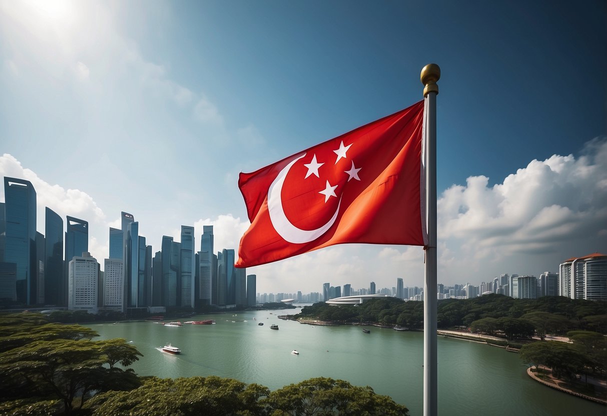 A red and white Singapore flag with the Chinese version of the national pledge written in bold calligraphy