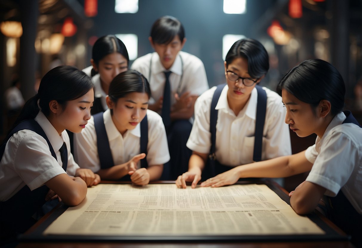 A group of students recite the Singapore Pledge in Chinese, surrounded by historical artifacts and symbols of development