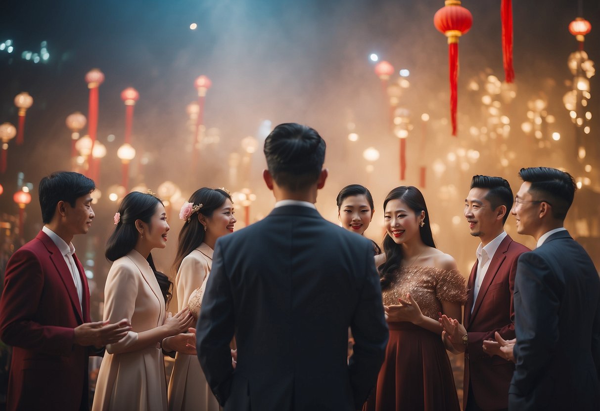 A group of people reciting the Singapore pledge in Chinese, surrounded by symbolic cultural elements