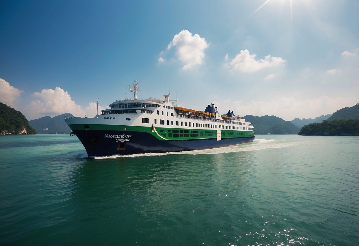 A ferry sails from Singapore to Xiamen, passing through clear blue waters and lush green islands. The sun shines brightly in the clear sky, casting a warm glow over the scene