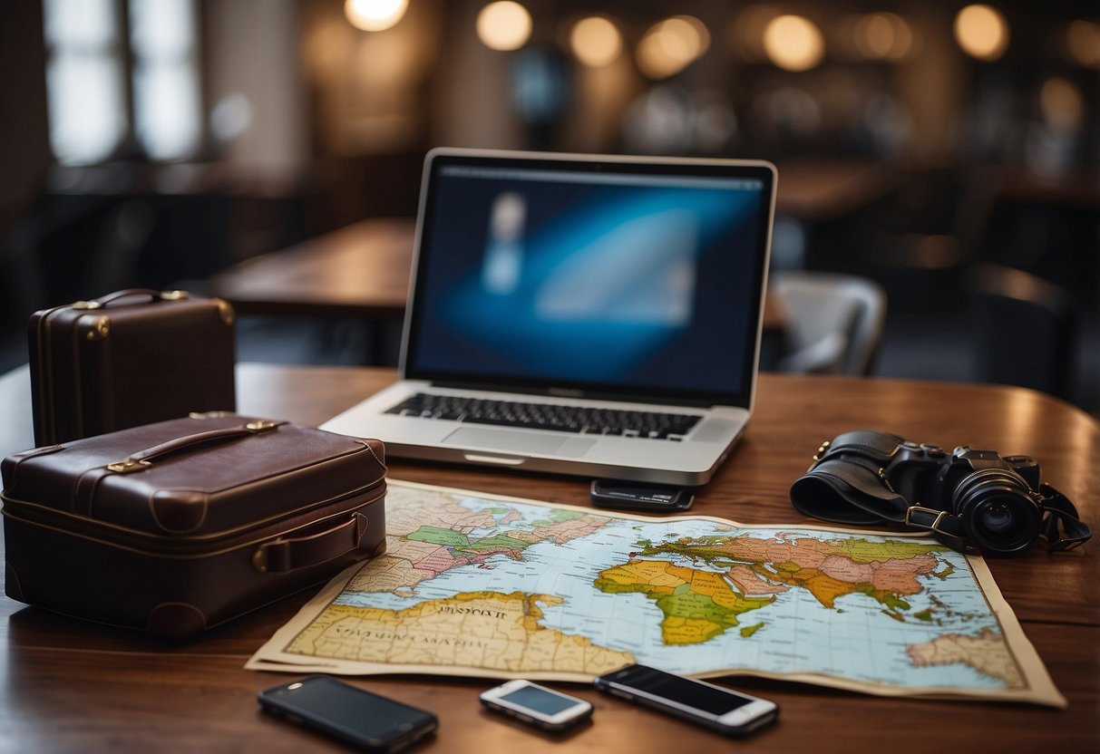 Passport, map, and tickets laid out on a table. Suitcase open, filled with clothes and toiletries. Laptop with travel itinerary on the screen