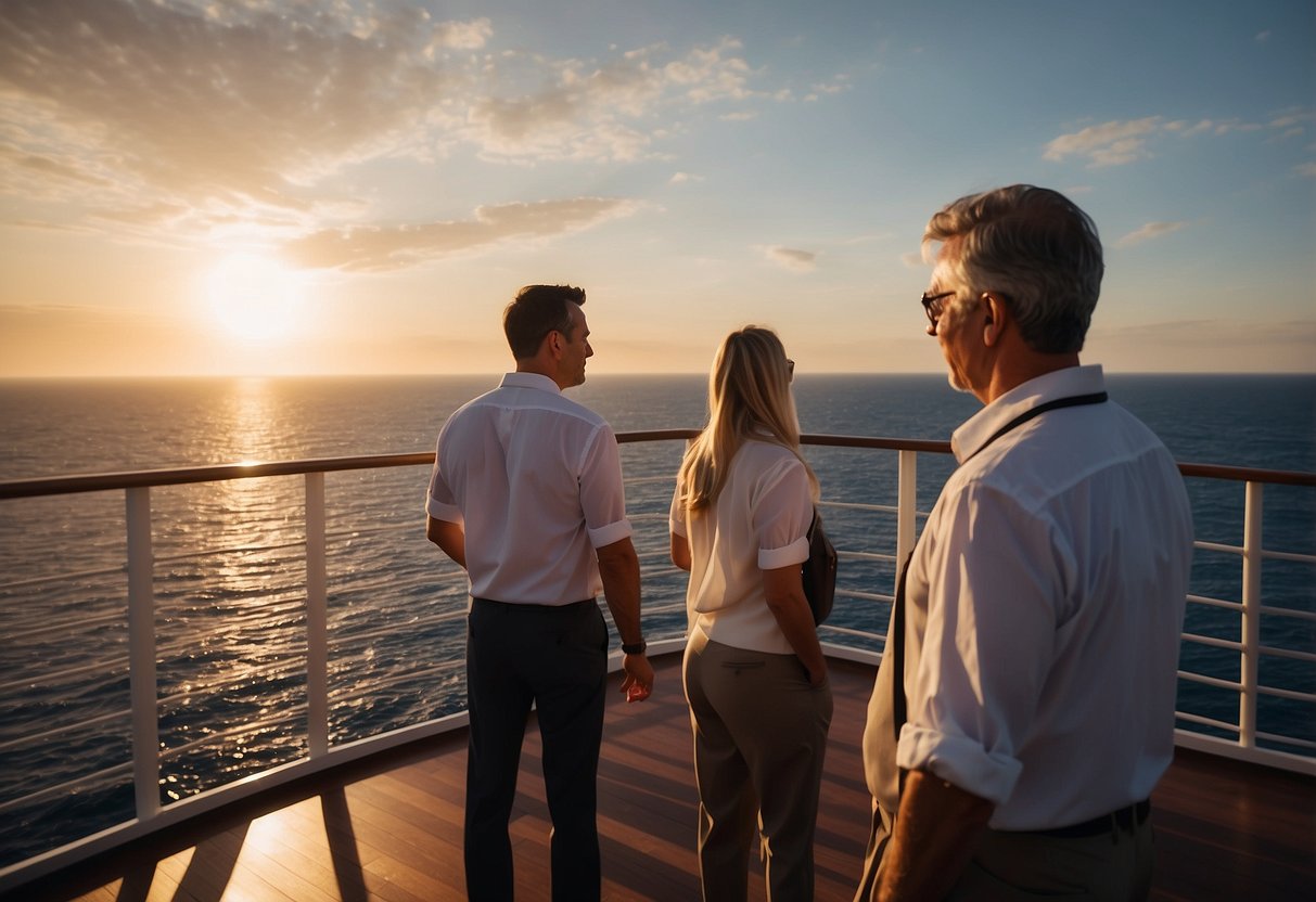 Passengers enjoying panoramic views of the ocean from the deck of a luxurious cruise ship, as the sun sets behind the horizon