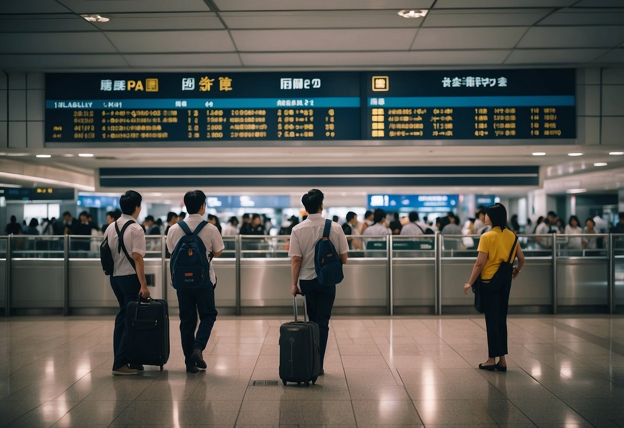 Passengers inquiring about Singapore to Xiamen route. Airport staff assisting. Signage in multiple languages. Busy atmosphere
