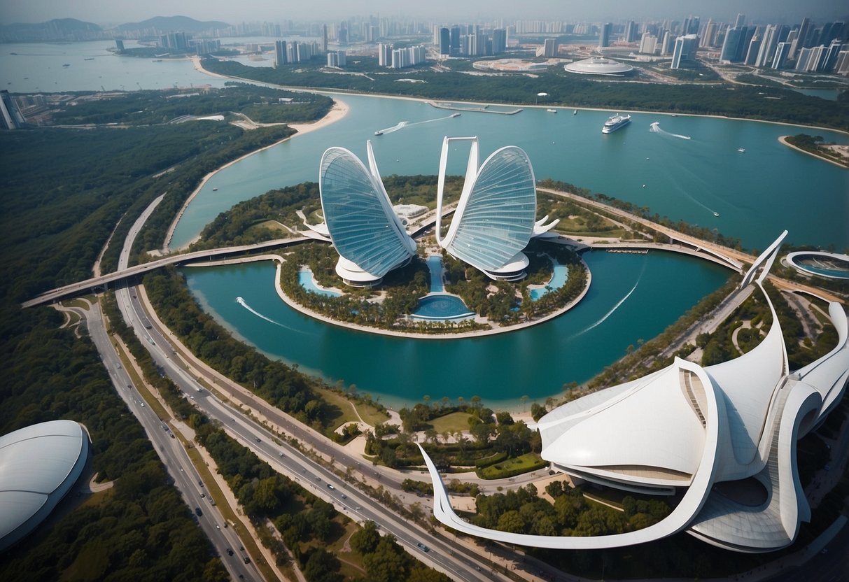 A plane flying over iconic Singapore landmarks like the Marina Bay Sands and Gardens by the Bay, with a clear blue sky and a sense of excitement in the air