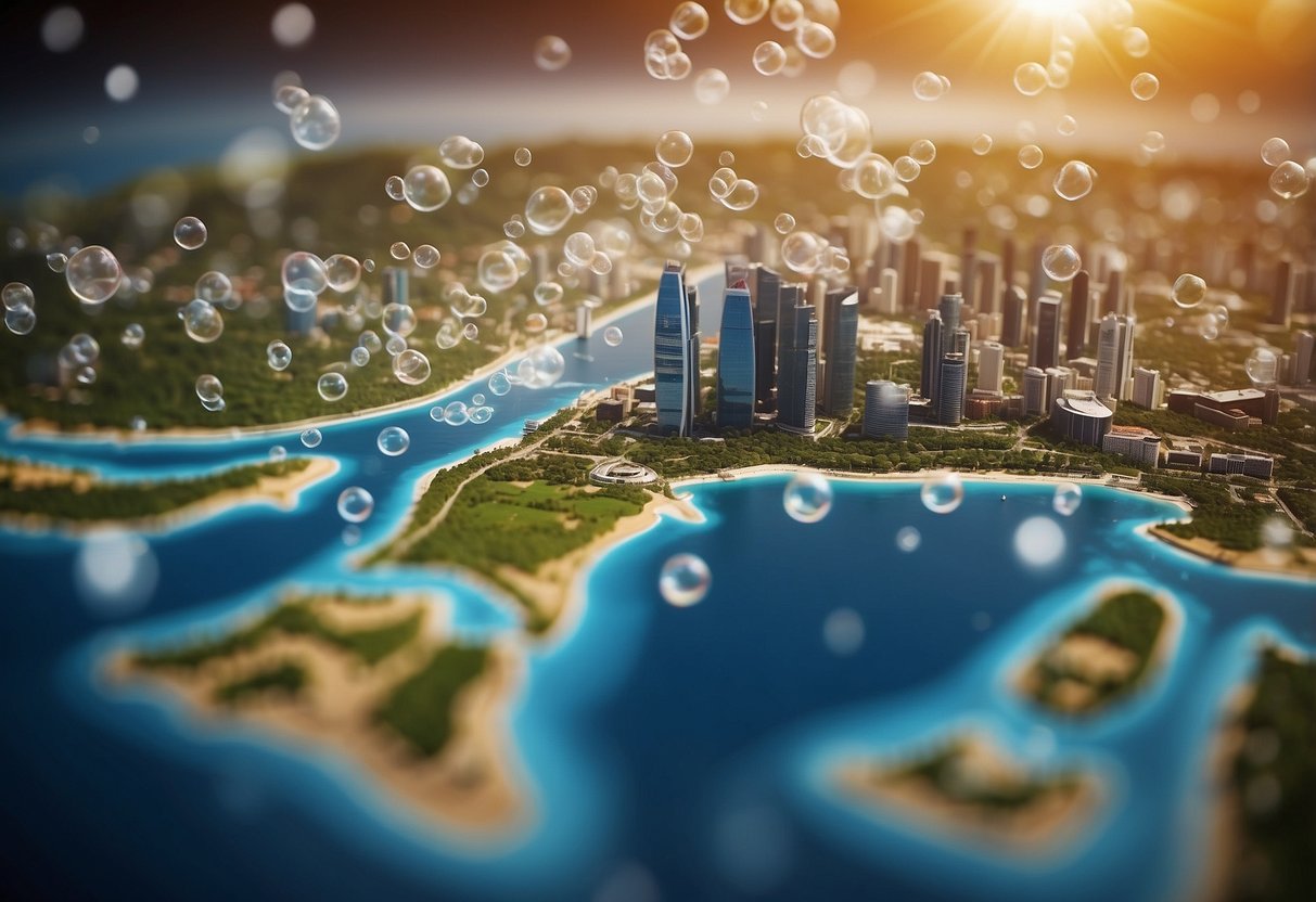 A map showing interconnected bubbles with Singapore at the center, representing the impact and management of travel bubbles