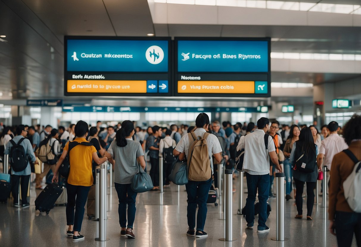 A group of people from different countries gather at an airport, excitedly checking in for their flight to Singapore. Signage and staff indicate the "Frequently Asked Questions" travel bubble