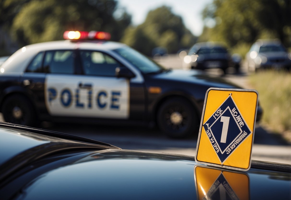 A car pulled over by a police officer, holding a speeding ticket, with a visible speed limit sign in the background