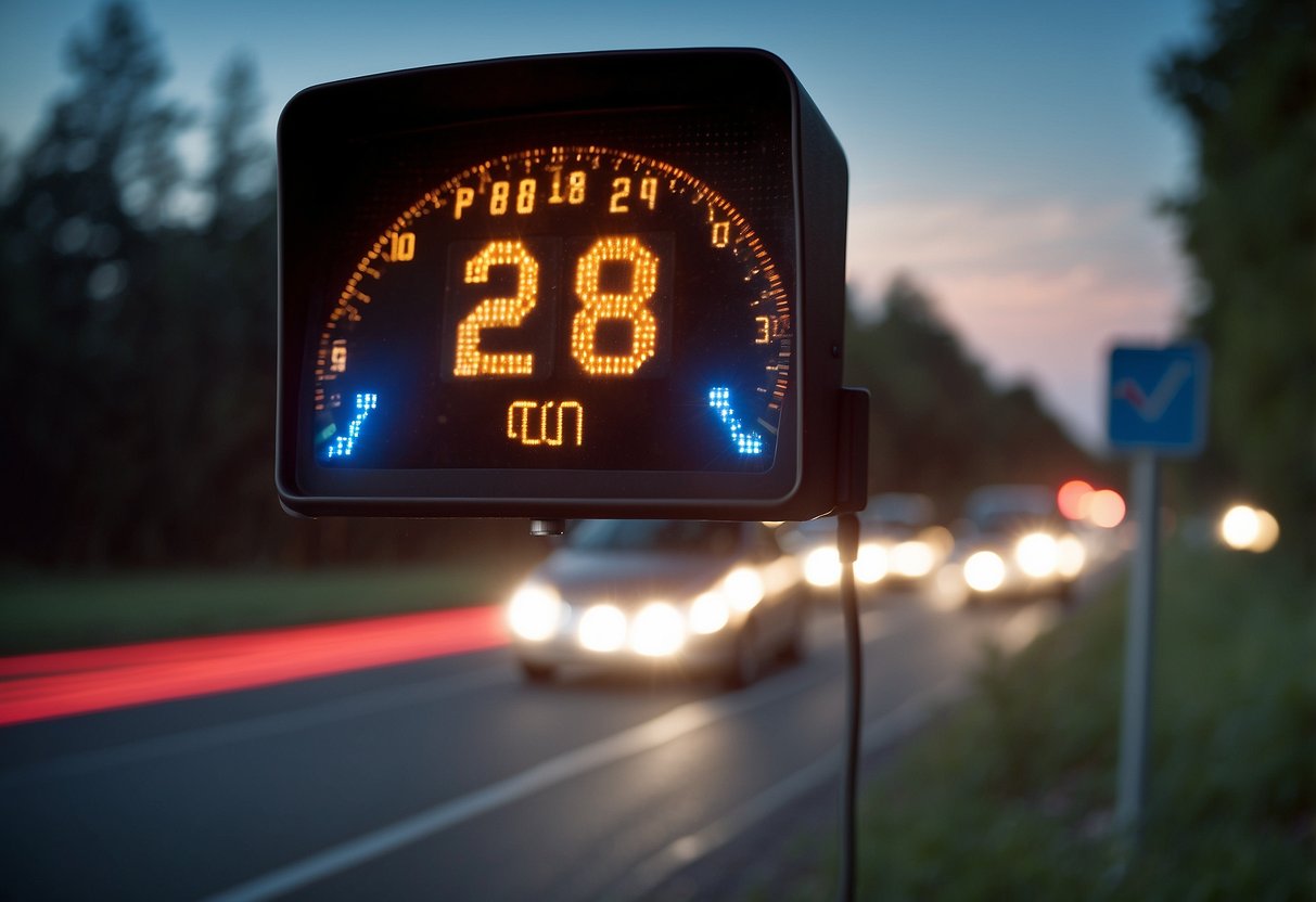 A car zooms past a speed limit sign with flashing red and blue lights in the background. A radar gun is pointed at the speeding vehicle
