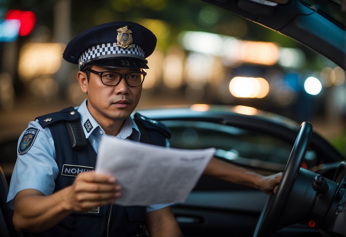 A driver receiving a speeding fine notice in Singapore, with a police officer and legal documents in the background