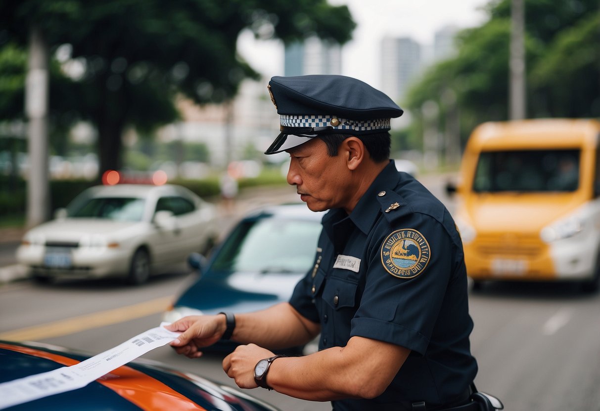 A traffic officer issuing a speeding ticket to a driver in a car with a Singaporean road sign in the background