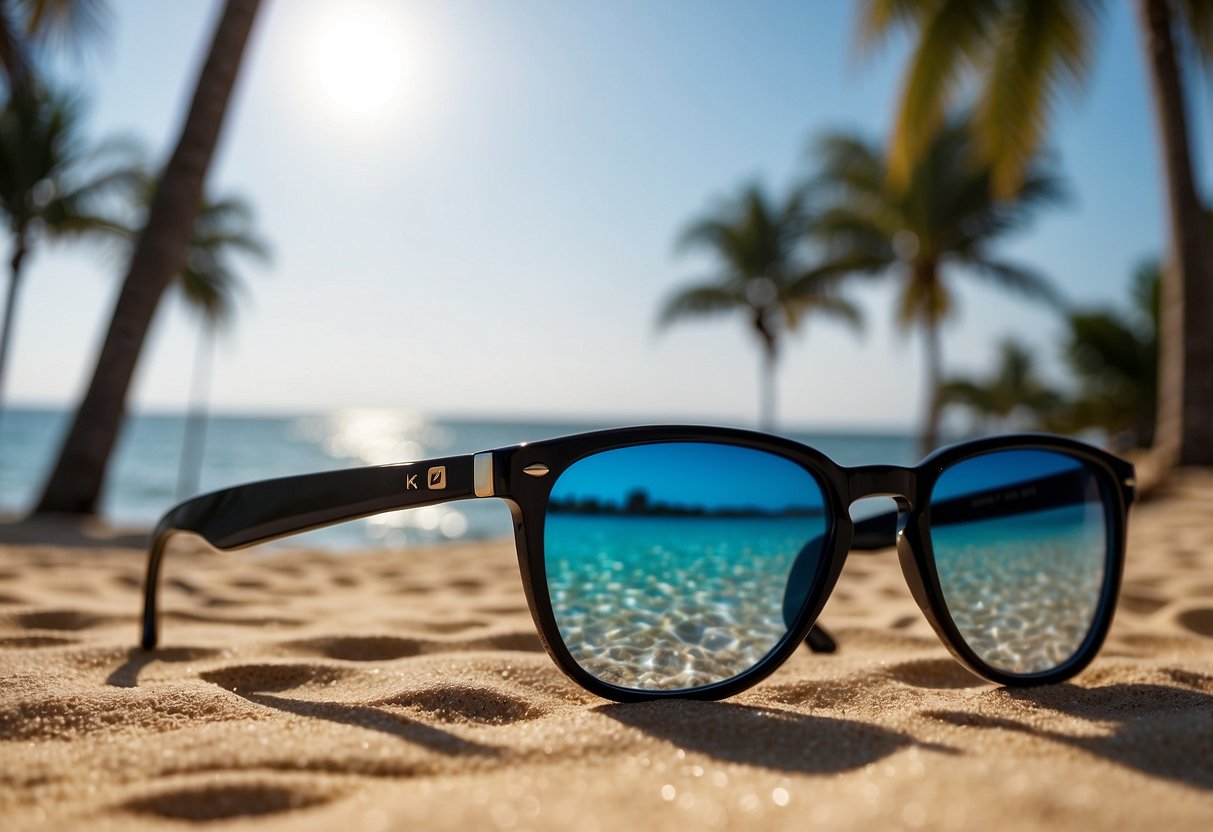 A pair of sunglasses rests on a sandy beach in Singapore, with the clear blue ocean and palm trees in the background