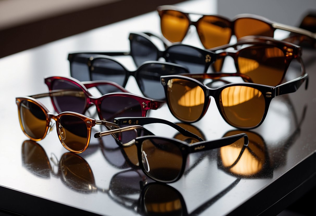 A display of various sunglasses arranged by face shape on a sleek, modern table with a mirror in the background, reflecting the selection