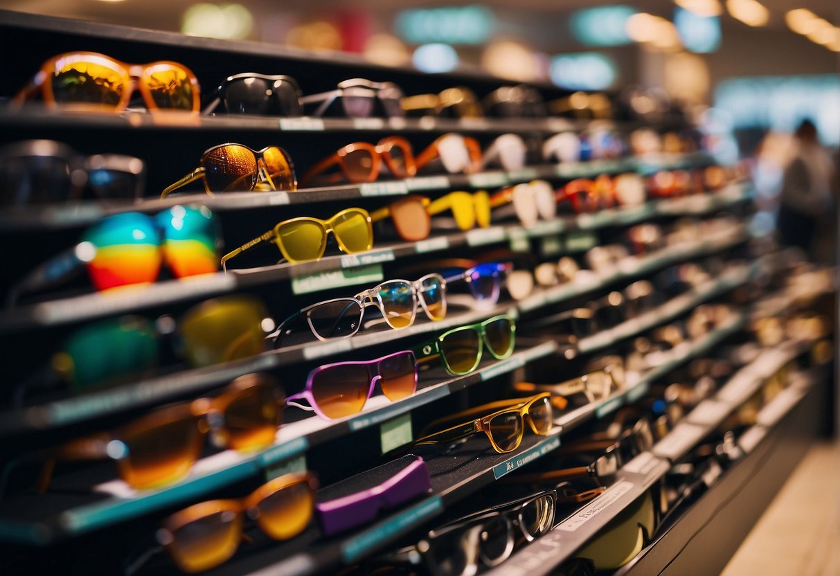 A bright and colorful display of sunglasses in a modern Singaporean storefront. Shelves lined with various styles and brands, with a large sign indicating "Sunglasses for Sale."