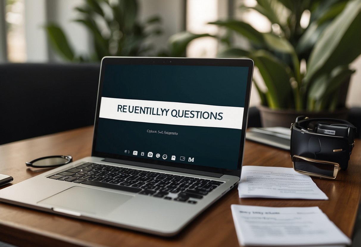 A table with a laptop, a stack of papers, and a pair of sunglasses with the words "Frequently Asked Questions sunglasses singapore" displayed on the screen