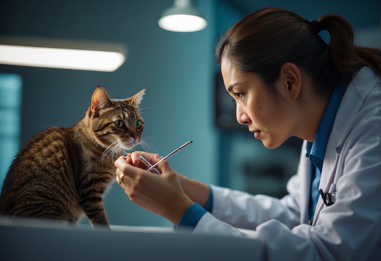 A veterinarian in Singapore examines a cat's eyes with a penlight in a modern, well-lit clinic