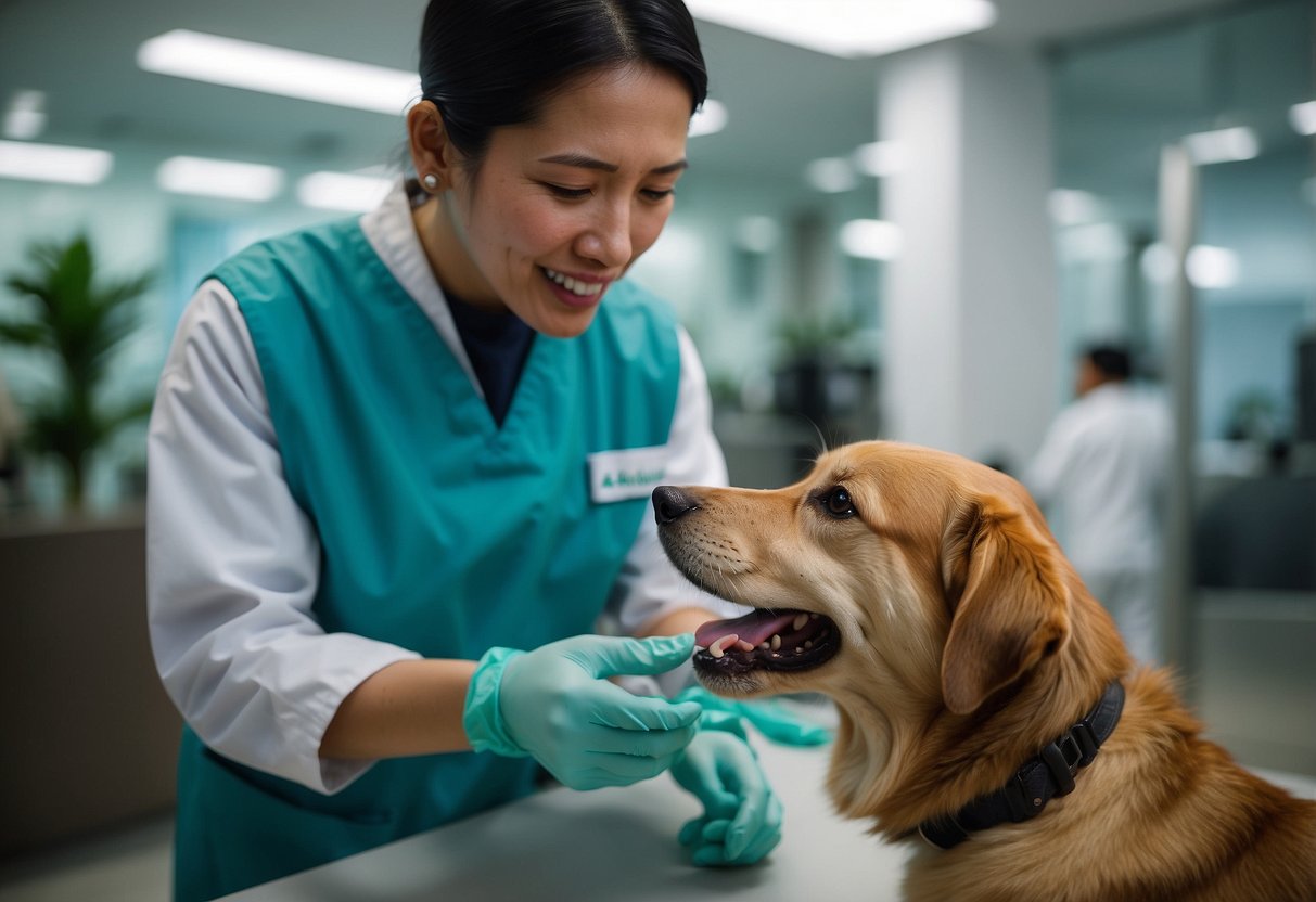 A veterinarian in Singapore examines a dog's teeth while the owner looks on. Other pets wait in the modern and clean waiting room