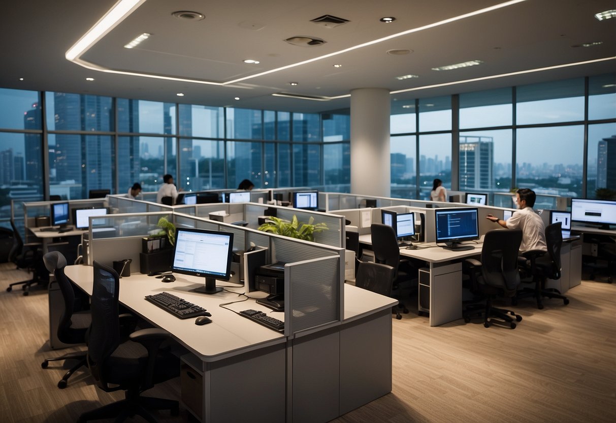 Thales Singapore headquarters, bustling with employees. High-tech equipment and innovative projects on display. A dynamic and collaborative atmosphere