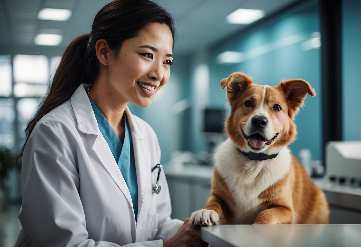 A veterinarian in Singapore answers common questions from pet owners in a modern clinic setting