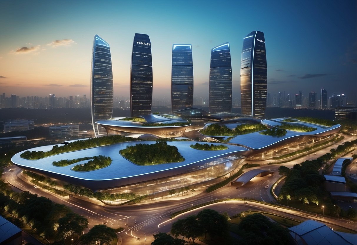 Thales Singapore's economic impact illustrated by a network of interconnected industries and businesses thriving in its vicinity