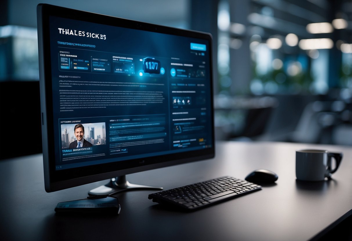 A computer screen displaying the Thales Singapore website with a list of frequently asked questions and a logo in the corner