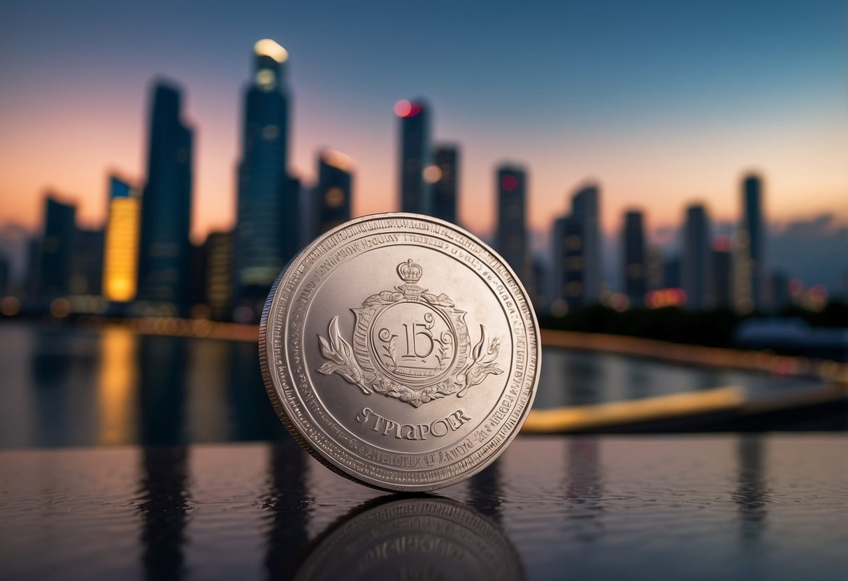 A TraceTogether token sits on a table in a Singaporean setting, with the city skyline in the background