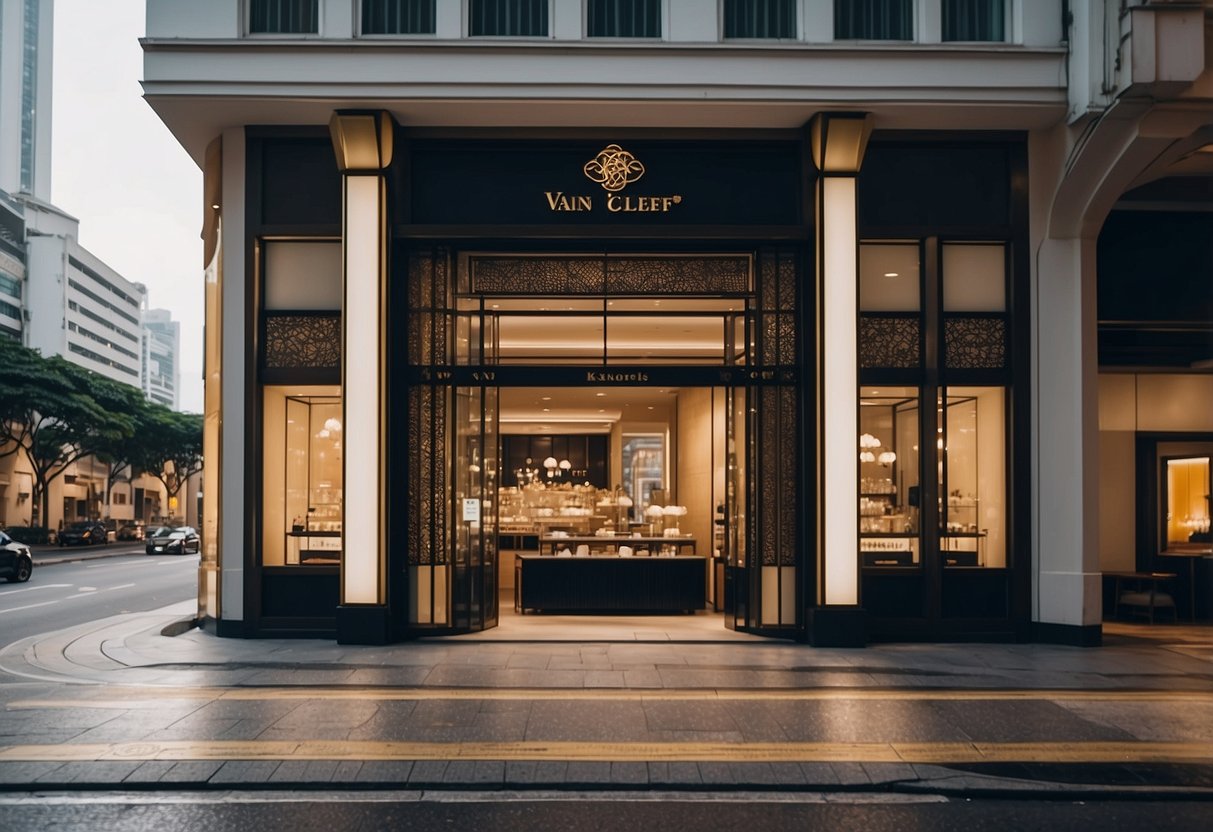 A luxurious storefront in Singapore with the Van Cleef & Arpels logo prominently displayed, surrounded by bustling city life