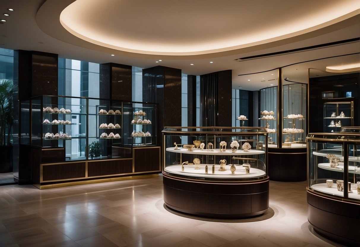 The iconic Van Cleef & Arpels boutique in Singapore, showcasing exquisite jewelry and timeless craftsmanship, surrounded by elegant displays and a rich historical ambiance