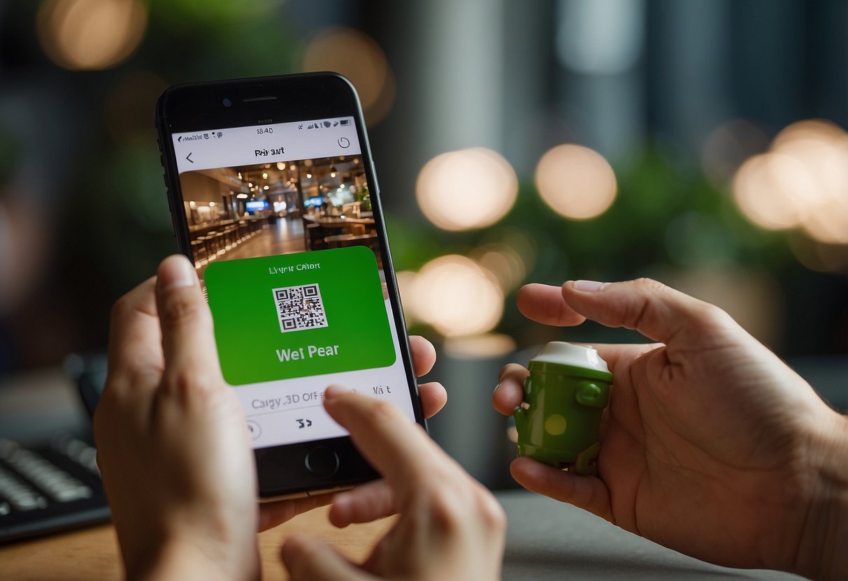 A smartphone with the WeChat Pay app open, showing a transaction being made in Singapore