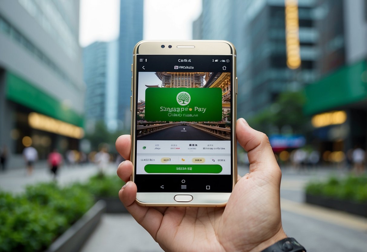 A smartphone with the WeChat Pay app open, displaying the Singapore interface with the option to link a bank account and make payments