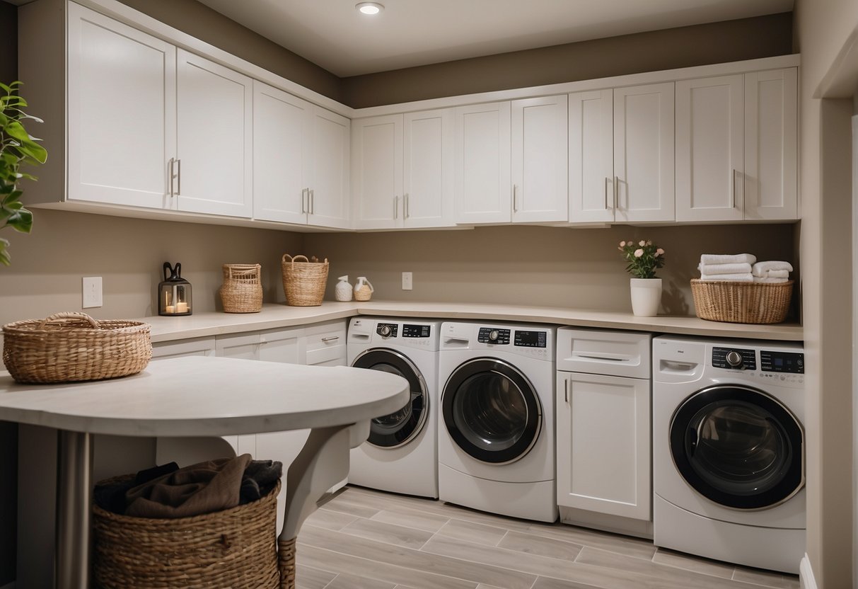 A bright, organized basement laundry room with modern appliances, ample storage, and decorative accents