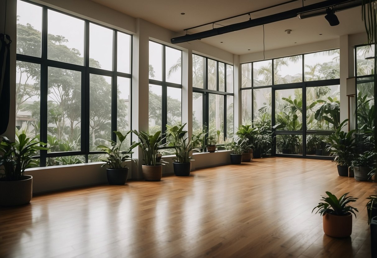 A serene yoga studio in Singapore with lush greenery, natural light, and calming decor