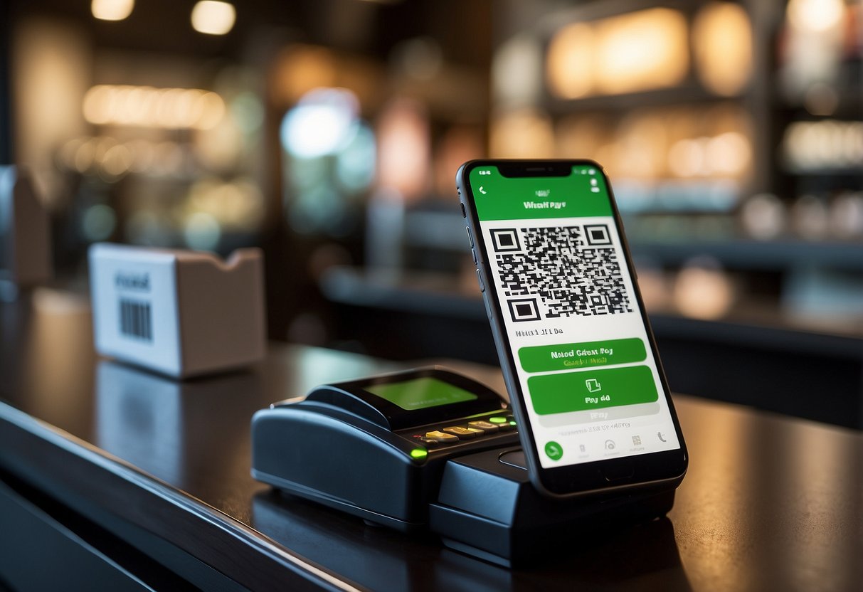 A smartphone displaying the WeChat Pay app, with a QR code and transaction details, next to a merchant's cash register