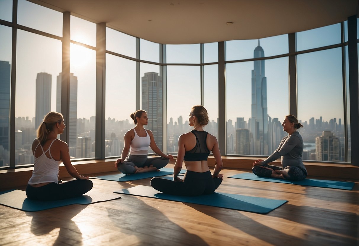People practicing yoga in various positions in a bright, spacious studio with large windows overlooking the city skyline